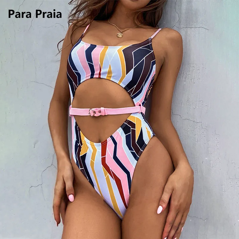 

Para Praia Colorful Print One Piece Swimwear Cut Out One Piece Swimsuit Women Push Up Swimming Suit Belt Beachwear Monokini