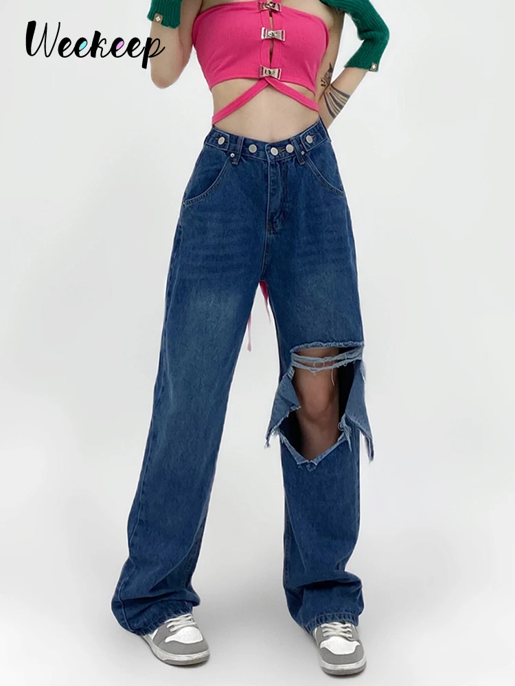 

Weekeep/Повседневные рваные джинсы с регулируемой пуговицей и высокой талией, брюки-карго, Свободные мешковатые джинсовые брюки, женские уличн...