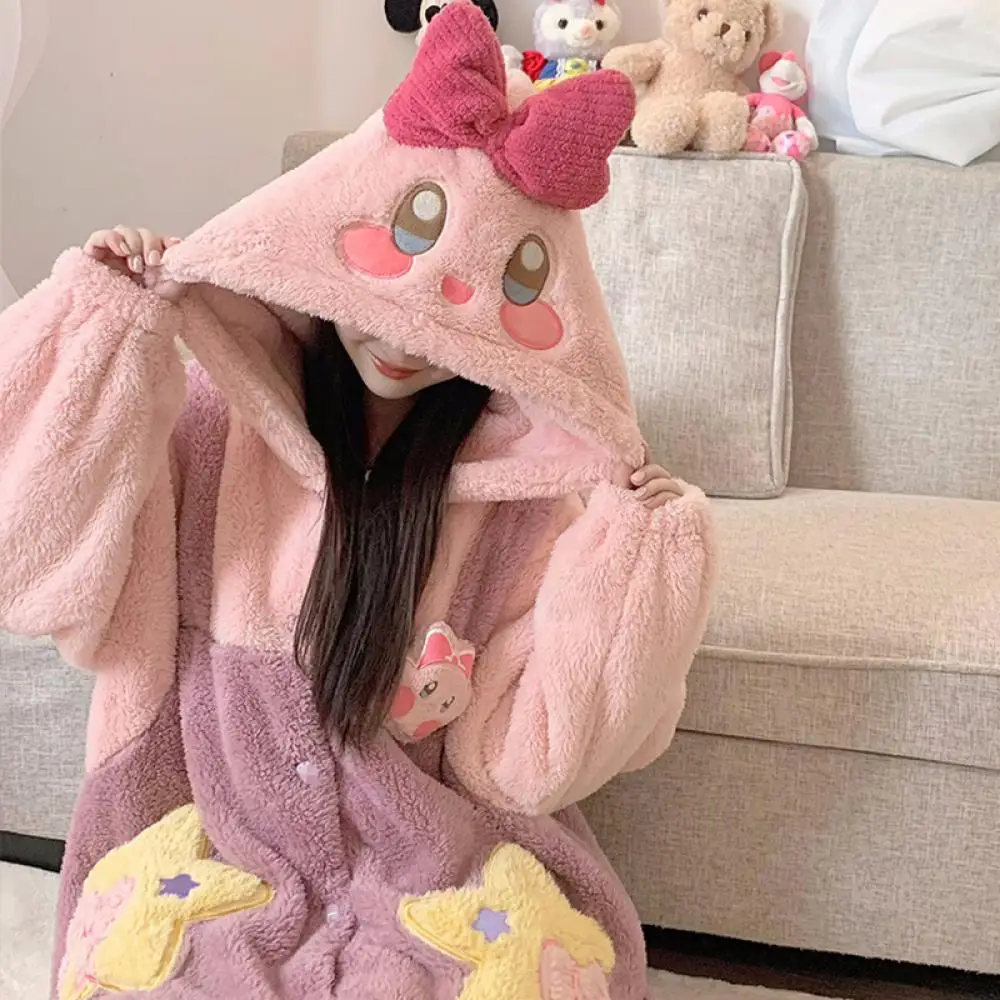 

Kawaii Kirby Женская плюшевая пижама ночная рубашка комплект Аниме мультфильм зимняя Домашняя одежда с капюшоном утолщенный длинный стиль мягкий милый студент