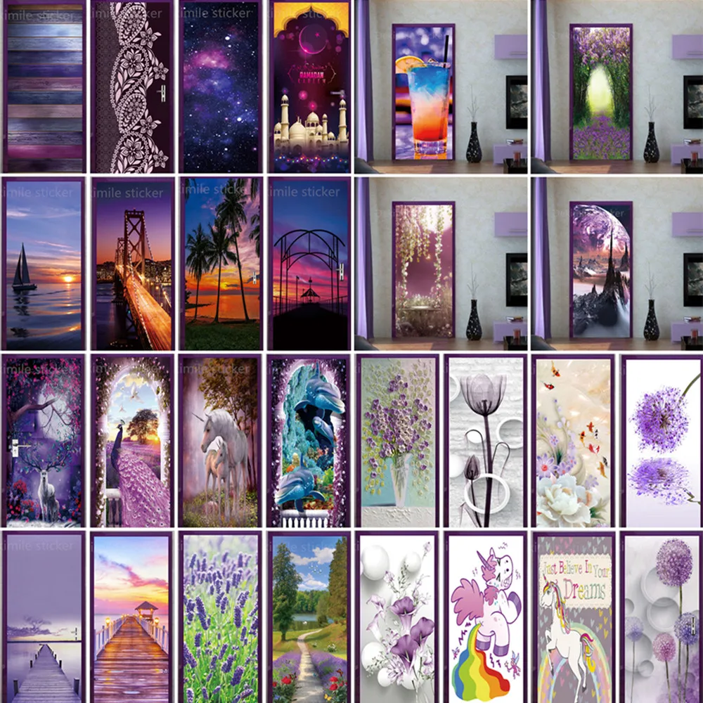 

3D Removable Purple Landscape Door Sticker Vinyl Decal Adhesive Unicorn Bouquet 3D Wallpaper For Bar Living Room Home Door Decor