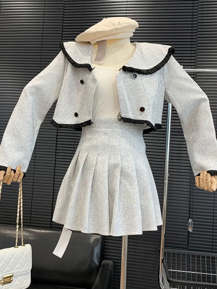 

Женский твидовый костюм в стиле ретро, маленький осенний костюм из двух предметов, Шерстяной укороченный топ и плиссированная юбка, костюм из двух предметов