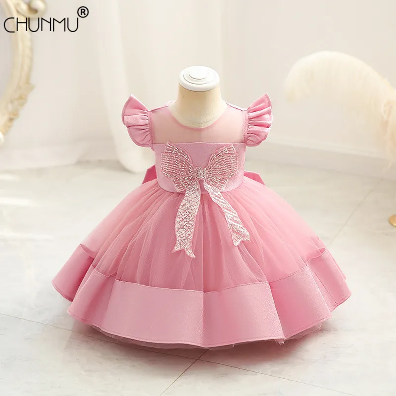 

Infant Baby Girls Sequins Bow 1st Birthday Dresses Tulle Fly Sleeve Christening Gowns Baby Baptism Clothes Princess Dresses