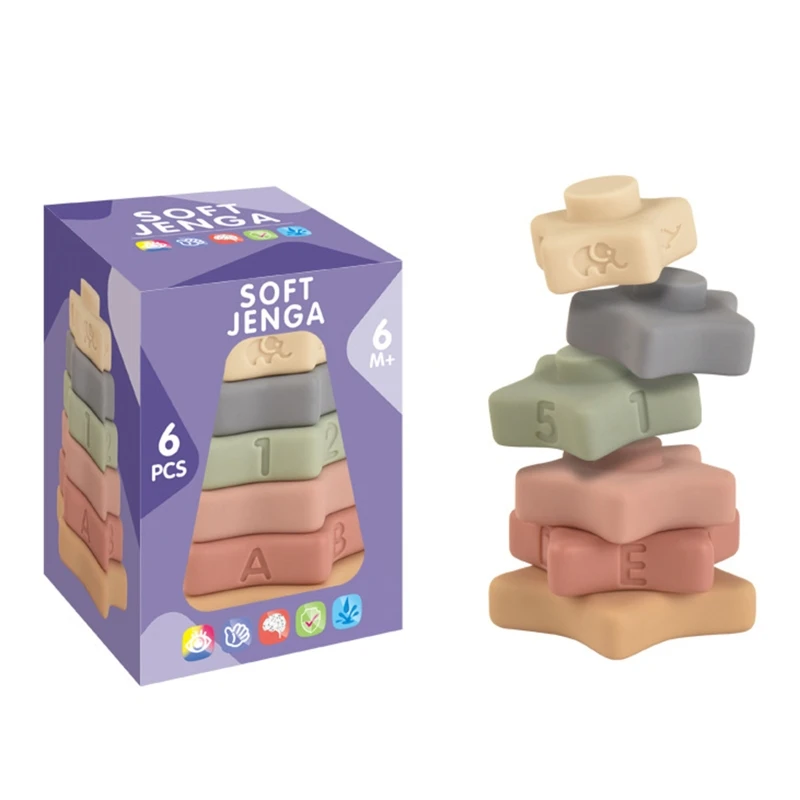 

Q9QB 6 Layer Silicone Teething Toy Plugging Block Stacking Tower Nesting Rings Baby 2 3 4 Montessori Squeeze Bath Toy Gift