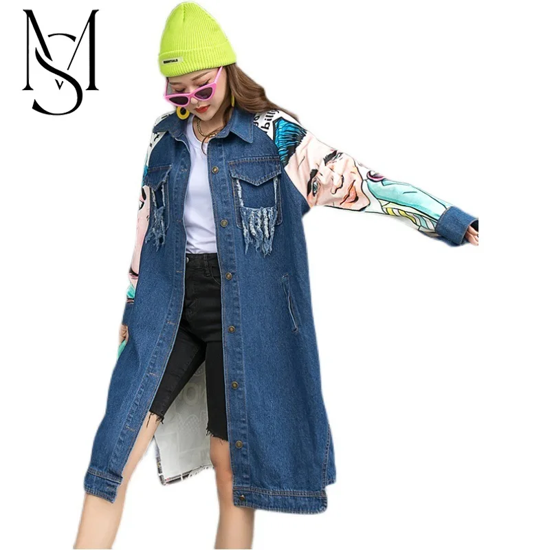

Thailand Chaopai graffiti denim coat, medium length printed and spliced denim trench coat, cross-border women's clothing, quick