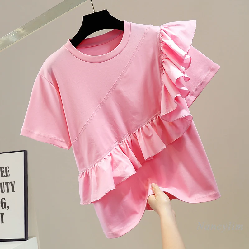 

2022 New Fashion Irregular Sweet Tridimensional Ruffled Stitching Round Neck Pullover Short Sleeve T-shirt Women's Tee Top