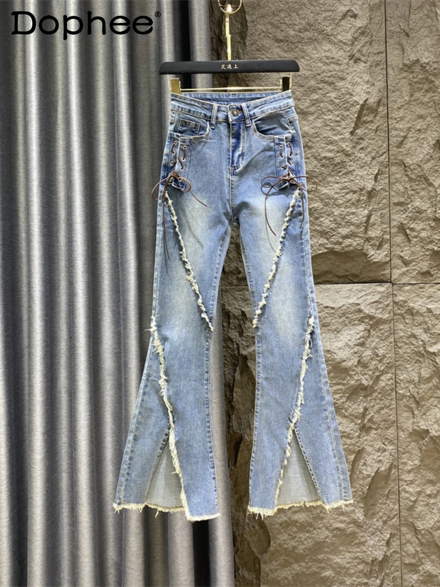 

Street Retro Frayed Lace-Up Skinny Jeans Women's Irregular Slit Stitching High Waist Flared Trousers 2022 New Summer Denim Pants