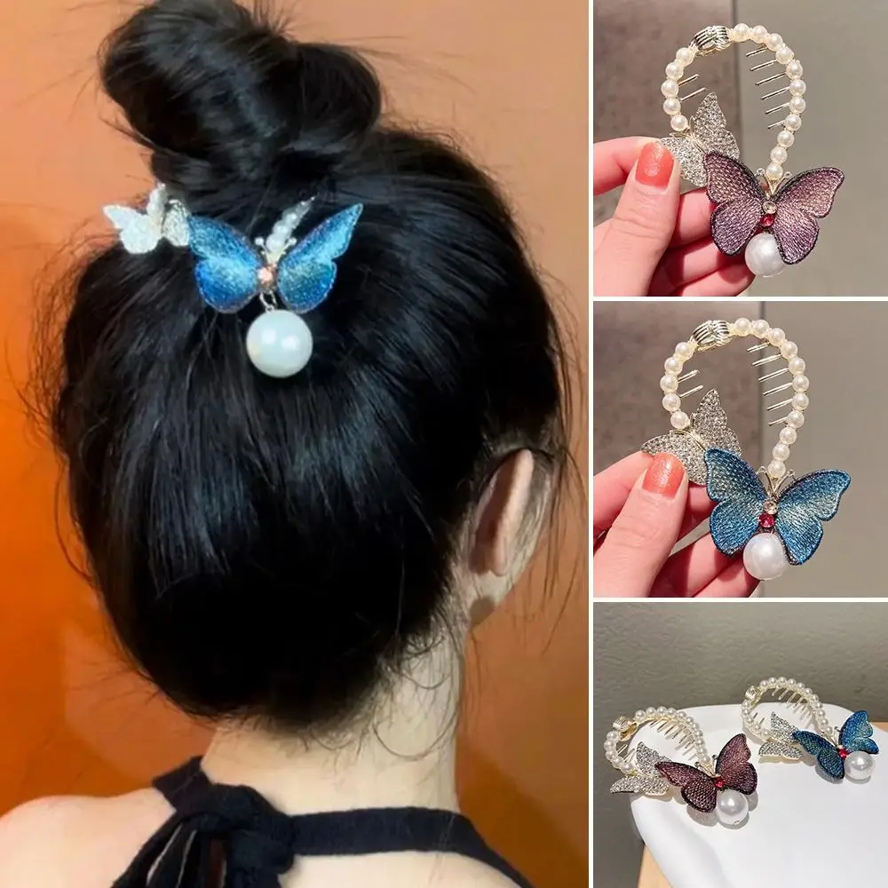 

High Quality Horsetail Buckle Elegant Retro Pearl Hair Clip Butterfly Hairpin Rhinestone Hair Buckle Headdress