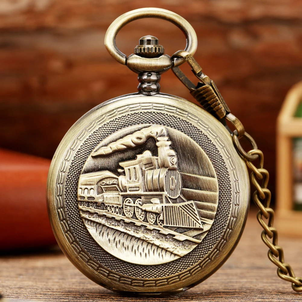 Bronze Double Cover Steampunk Train Display Manual Mechanical Pocket Watch Roman Numerals Dial Vintage Exquisite Pocket Clock