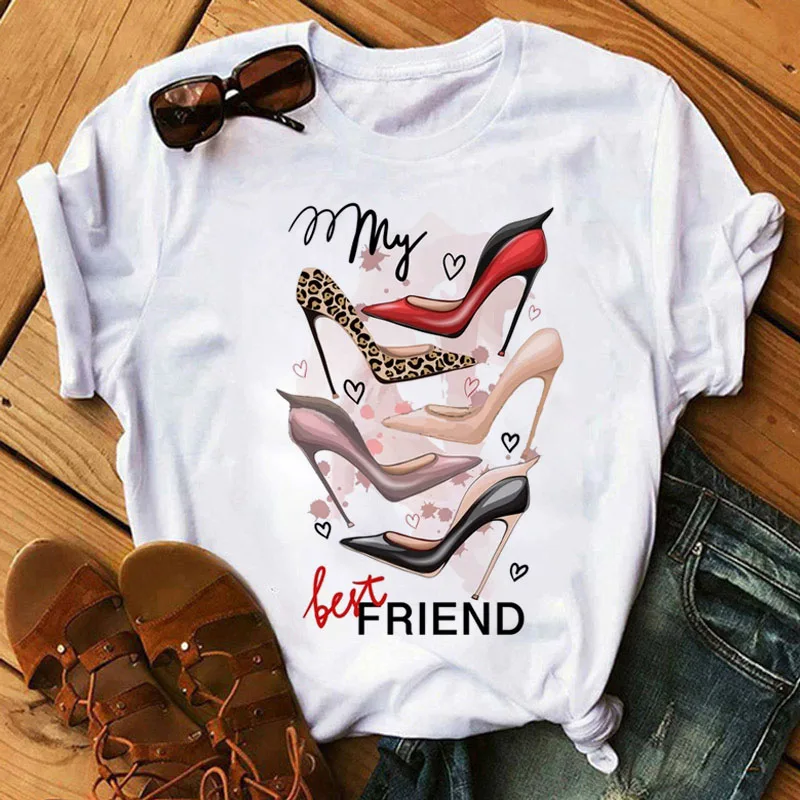 

My Best Friend T Shirt Women Fashion T Shirt Shoes Printed Tee Female Casual Tops 90s Ladies Short Sleeve O-neck T-shirt Clothes