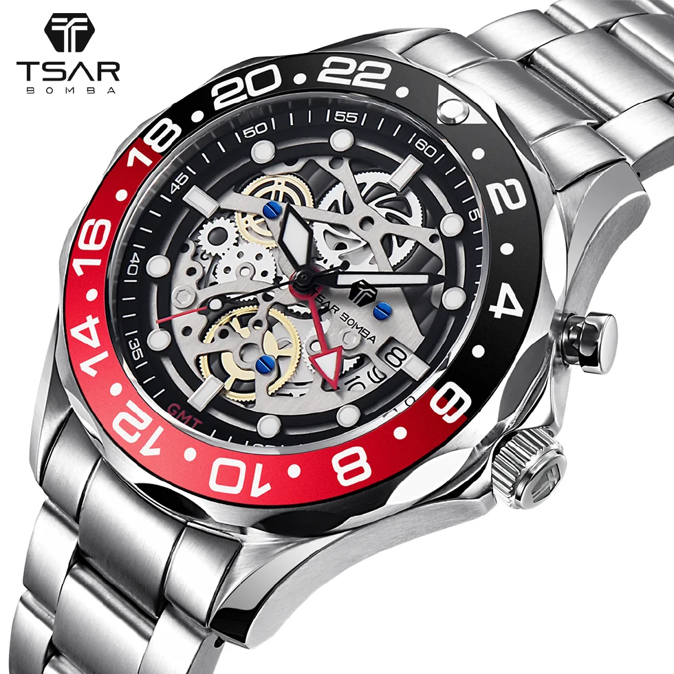 

TSAR BOMBA Men GMT Watch Hybrid Automatic Wristwatch Sapphire Crystal Case 316L Stainless Steel 200M Water Resistant Diver Clock