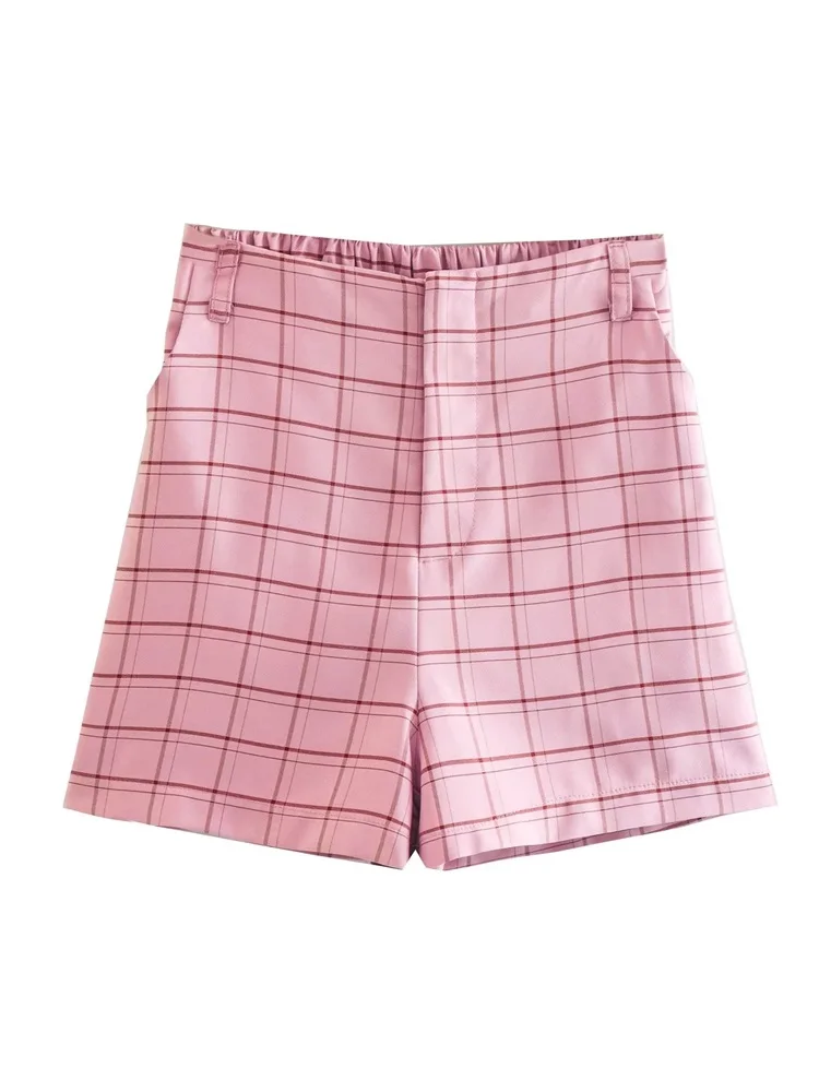 

MESTTRAF Sexy 2022 Fashion Lattice Elastic Waist Straight Shorts Vintage High Waist Side Pocket Female Short Pants