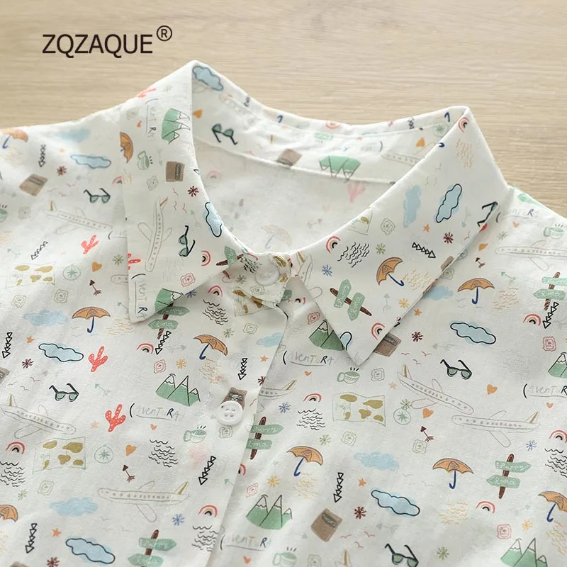 Летние новые хлопковые топы с мультяшным принтом зонтика Удобная рубашка