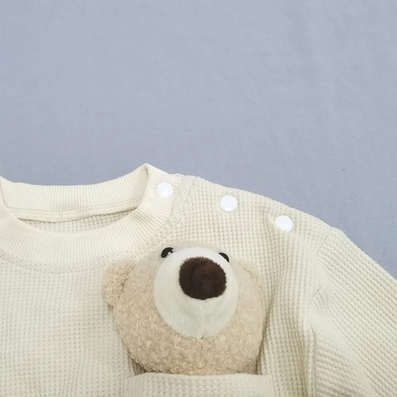 2022 New Autumn Baby Casual Romper Long Sleeve Toddler Boy Bear Jumpsuit Cute Infant Girl Cotton Waffle Clothes 0-24M