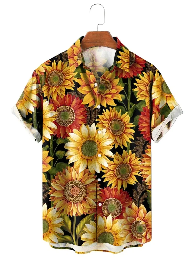 

New Sunflower Hawaiian Shirts 2023 Summer 3D Printed Vacation Beach Shirts Casual Vintage Clothes Women Lapel Blouse Plain Shirt