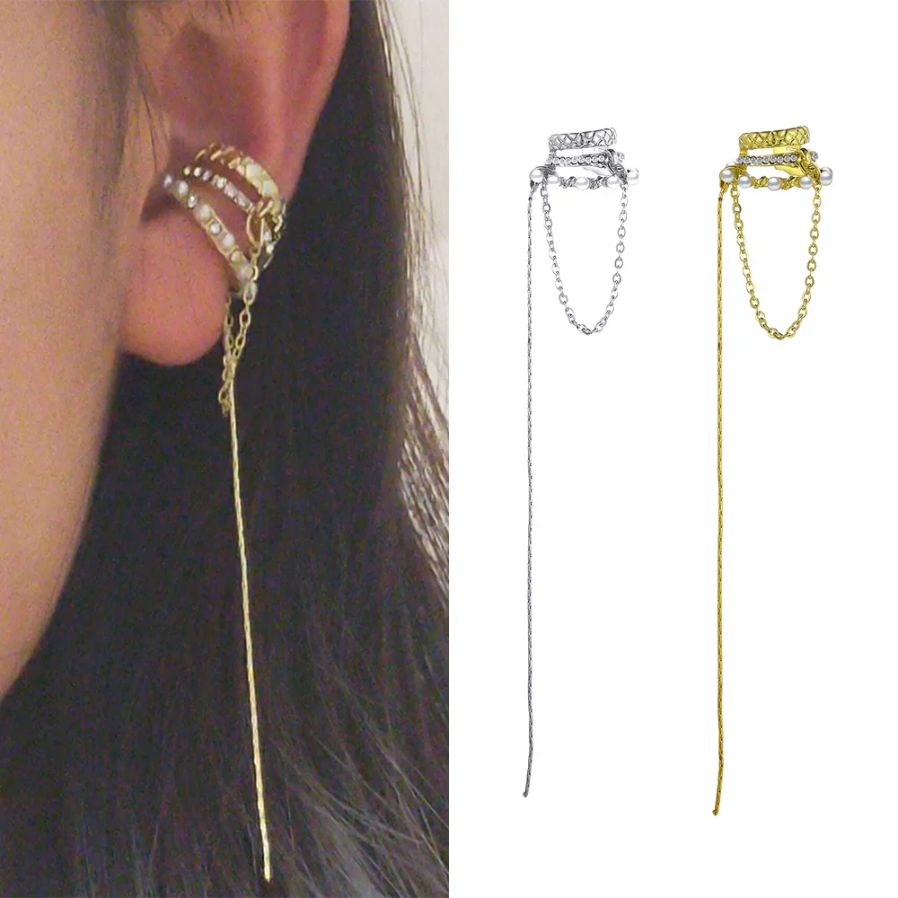 

2022 Fashion Imitation Pearls Tassel Earrings Without Piercing Ear Cuff Gold Silver Color Long Earring For Women Girls Ear Clip