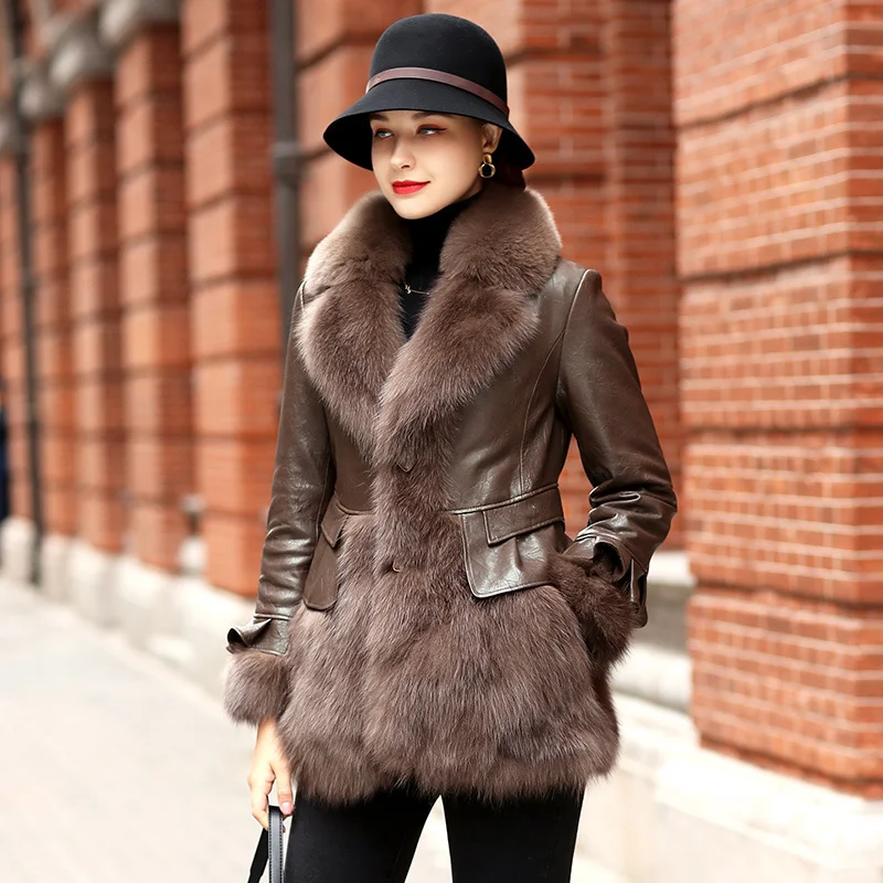 

New Winter Genuine Leather Jacket Women Natural Fox Fur Collar Coat Female Warm Down Coats Sheepskin Women's Clothing WPY46 2023