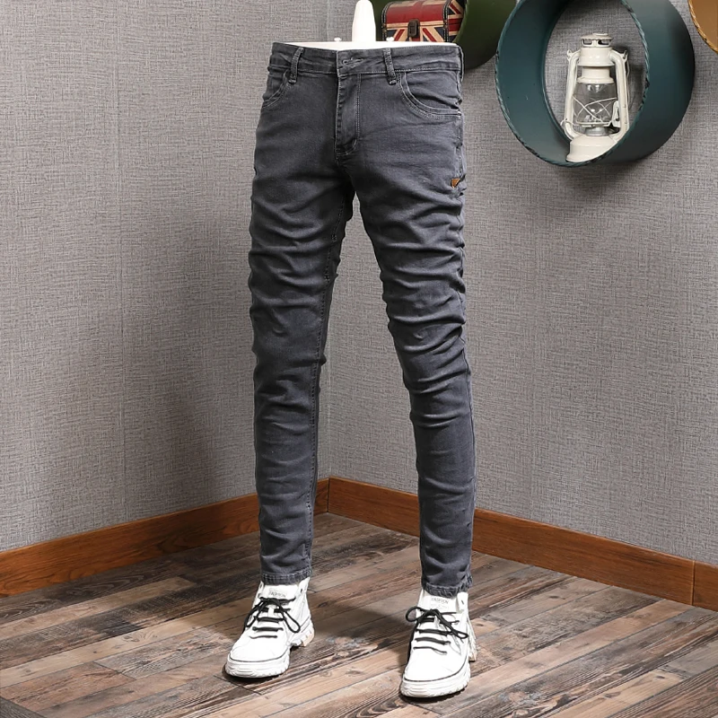 Korean Style Fashion Men Jeans Retro Gray Elastic Slim Fit Casual Denim Pencil Pants Men Streetwear Vintage Designer Jeans Homme