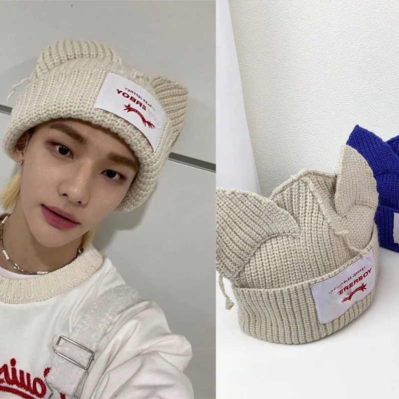 

KPOP Stray Kids Felix Same Beanies Cat Ears at Knitted at Cute Wool at Casual at Men Women Accessories
