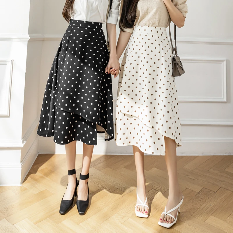 

COIGARSAM Women Long Skirt Spring 2022 New Polka Dot High Waist Apricot Black Skirts Dropshipping