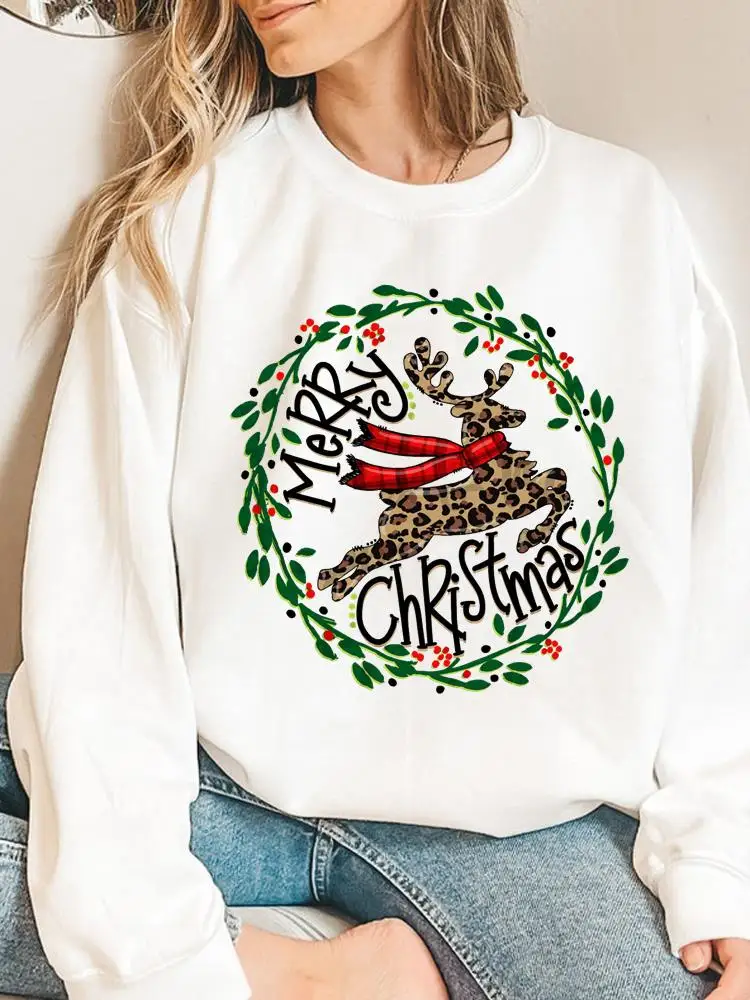 

Merry Christmas Graphic Sweatshirts Pullovers For Women Leopard Deer Lovely Cute Happy New Year Fashion Print Female Clothing