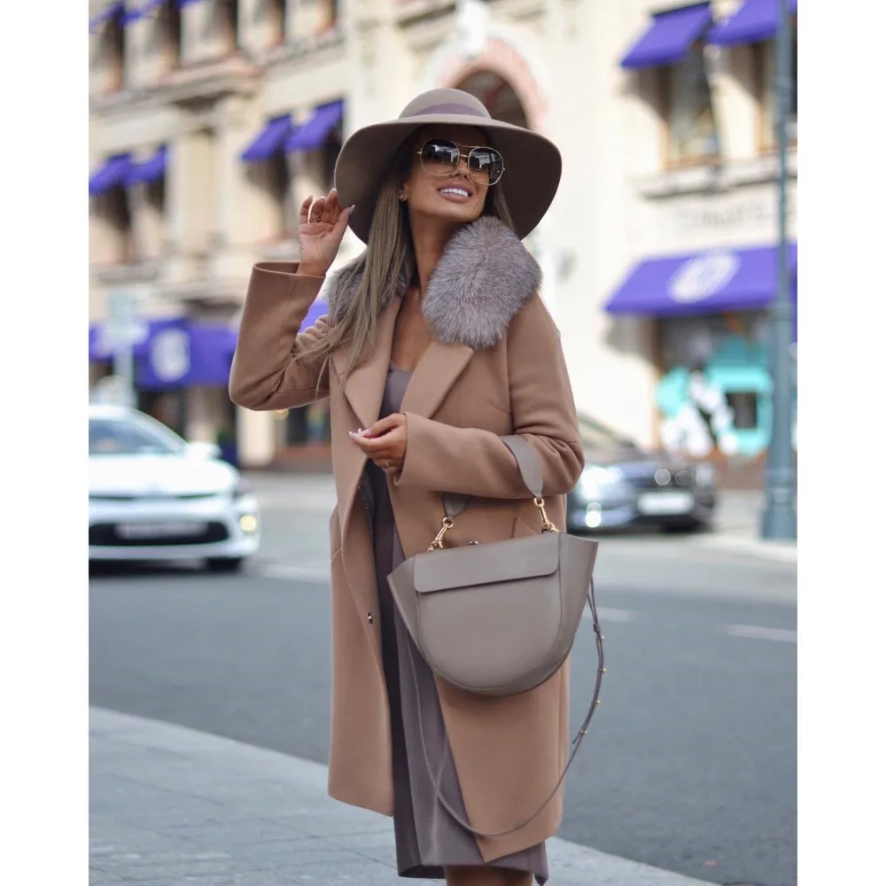 

Fashion autumn and winter new wool collar pocket woolen women's coat