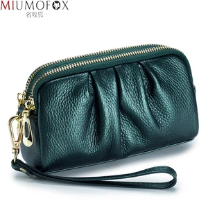 Модные дамские повседневные Клатчи из мягкой натуральной кожи, органайзер-кошелек из воловьей кожи с двойной молнией, миниатюрная сумка на ремешке