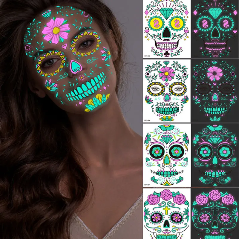 

New Halloween Day of The Dead Scary Luminous Temporary Tattoo Ghost Festival Skull Face Party Ball Makeup Sticker Flash Tattoo