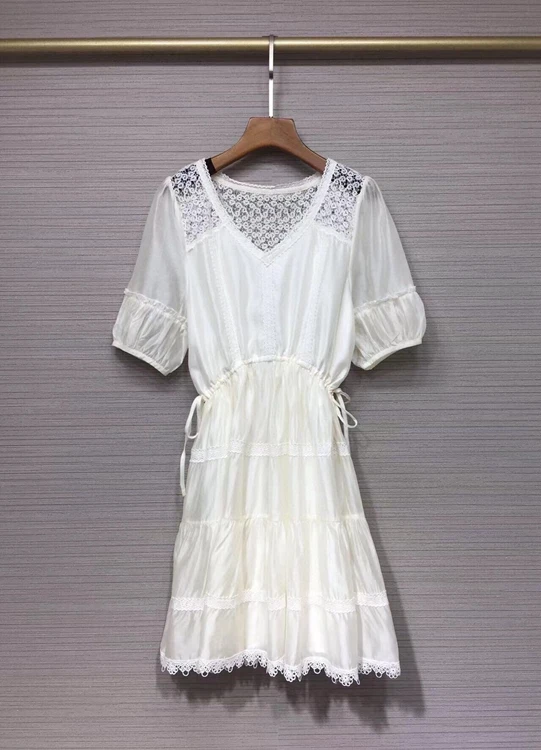 

2022 new women fashion short sleeve V neck lace perspective stitching waist drawstring lace edge fairy dress 620