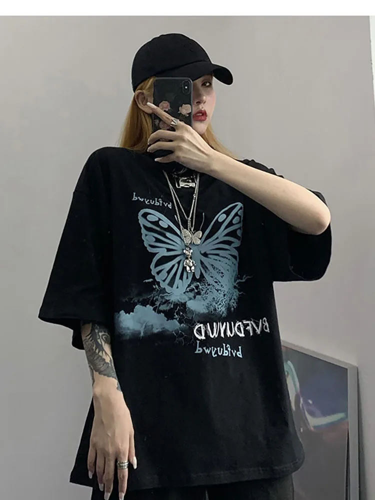 Женская футболка с принтом бабочки винтажная свободная в Корейском стиле