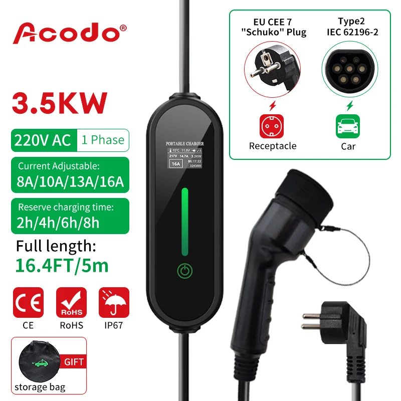 

EV Portable Charger Type2 16A 3.5KW Wall Box Adjustable Current With Schuko Plug 5M Cable Charger Cable For Electric Car Type 2