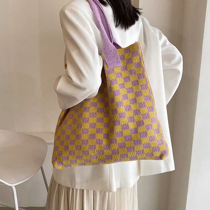 

Chessboard Knitted Women's Bag Folded Eco Bag Korean Shopper Y2K Crochet Rope Shoulder Bag Knitting Handbag Plaid Student Bag
