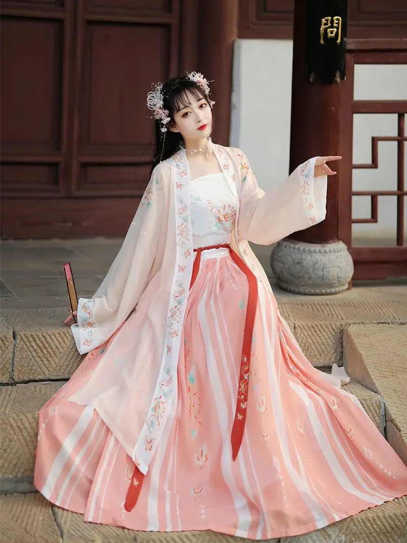 

Традиционное китайское женское элегантное платье ханьфу с вышивкой сказочный костюм для народного танца в стиле ретро династии песни комплект из 3 предметов