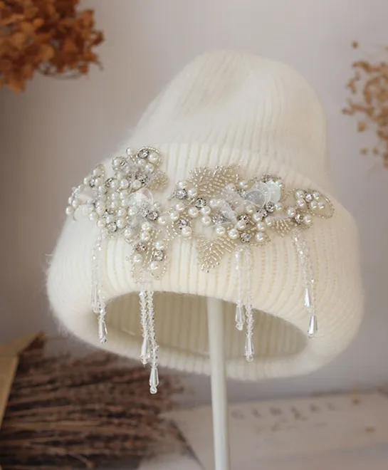 

202212-shi dropshipping winter soft Angora rabbit warm knitting Pearl Beading tassels lady Skullies Beanies cap women cool hat