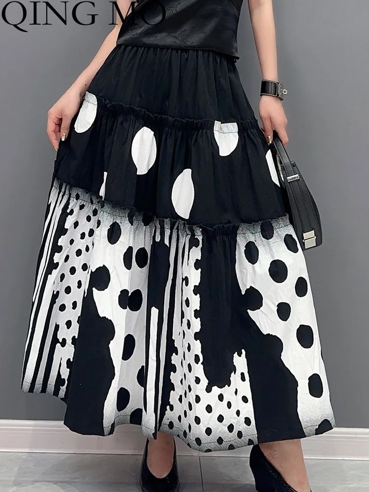 

QING MO 2023 Summer New Korean Polka Dot Printed Color Blocked Half Skirt Shows Slim Fashion Women Skirt Black ZXF3017