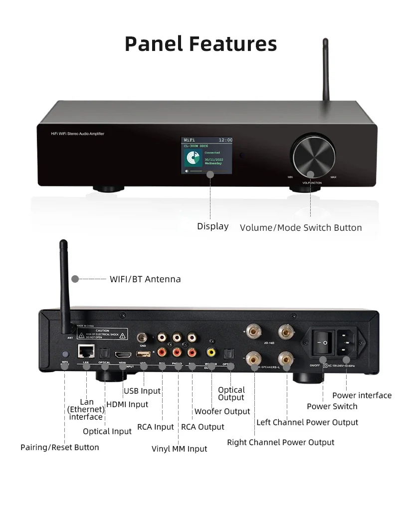 Стерео домашний аудиоусилитель WiFi2.4G и 5G Airplay BT5.0 H-DMI USB сабвуфер