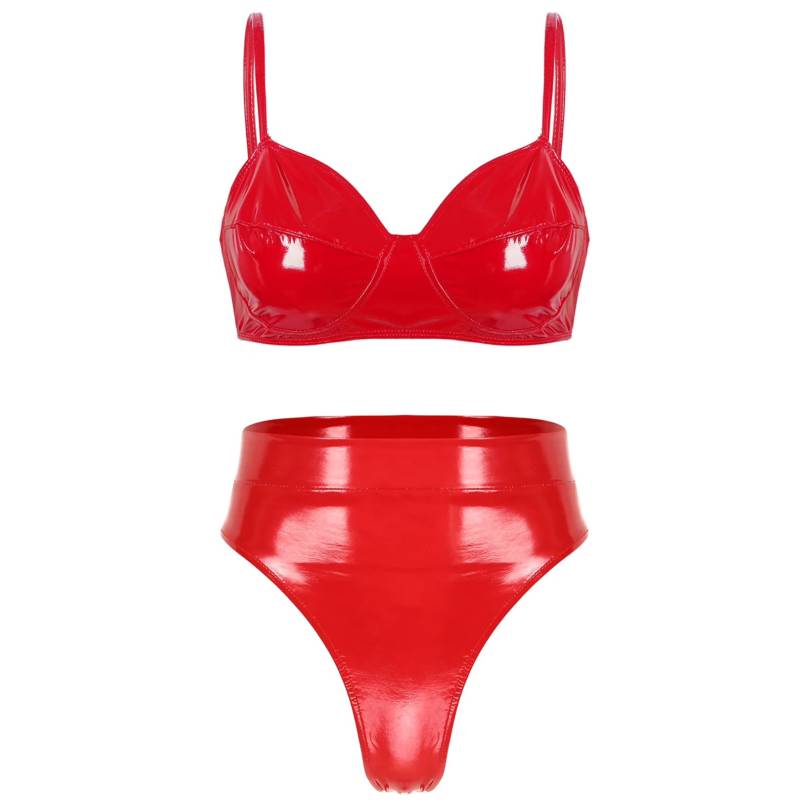 

Womens Lingerie Intimates Underwear Set Rave Wet Look Patent Leather Wire-free No Padded Belly Bra Top with High Waist Briefs