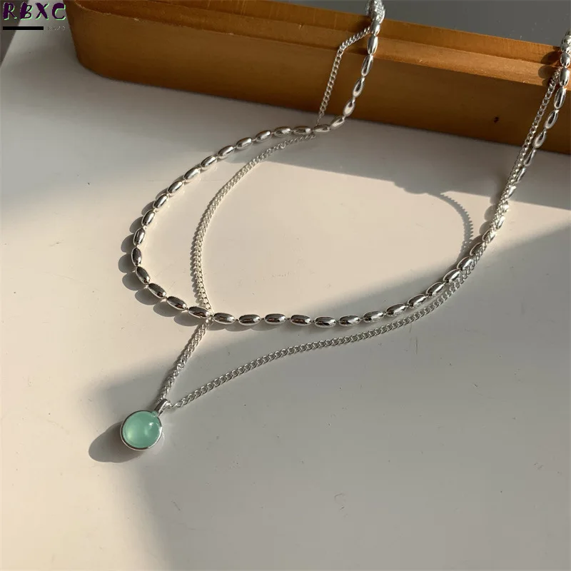 

Korean Silver Metal Rice Bead Necklace Green Opal Pendant Double Layered Overlay Temperament Simple Neck Chain Female