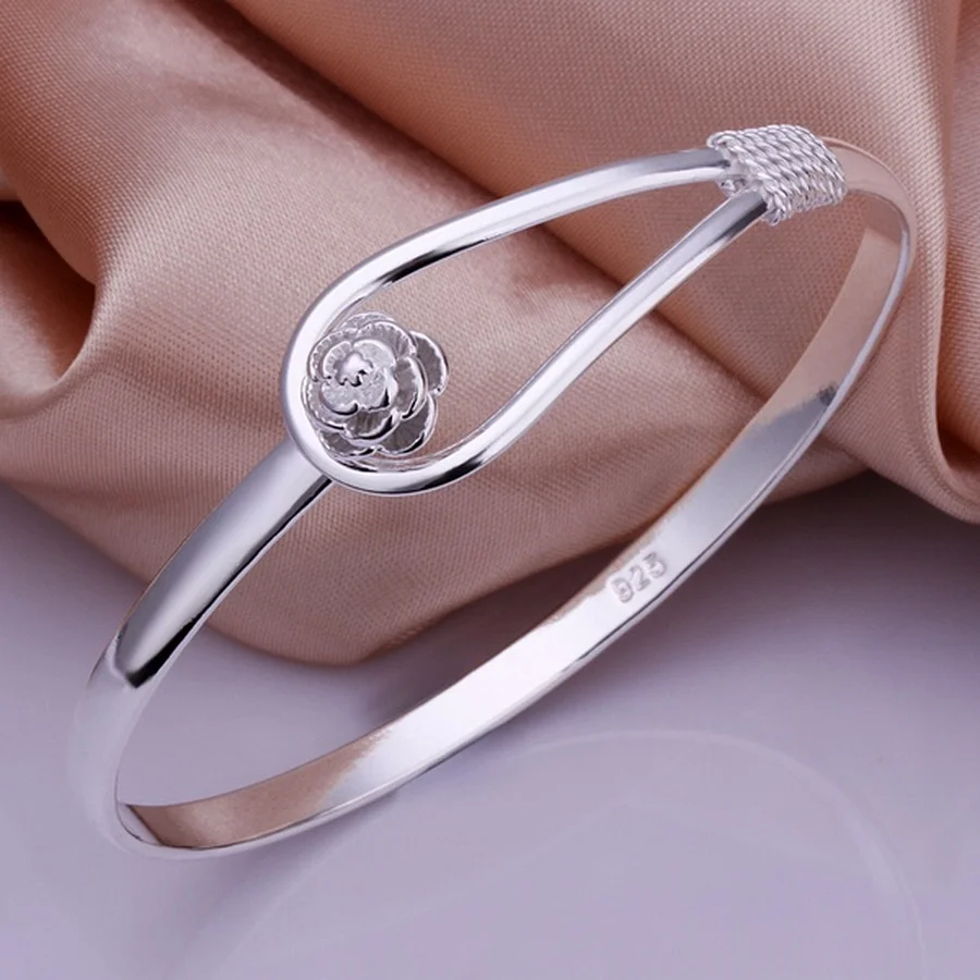 

Christmas Gift 925 Sterling Silver Bangle Bracelet Jewelry Women Cute Girl Fashion Noble Qualities Female Charm Flower Buckle