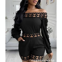 women playsuits sexy solid color slim high waist openwork playsuits women long sleeve off shoulder slash neck straight playsuits