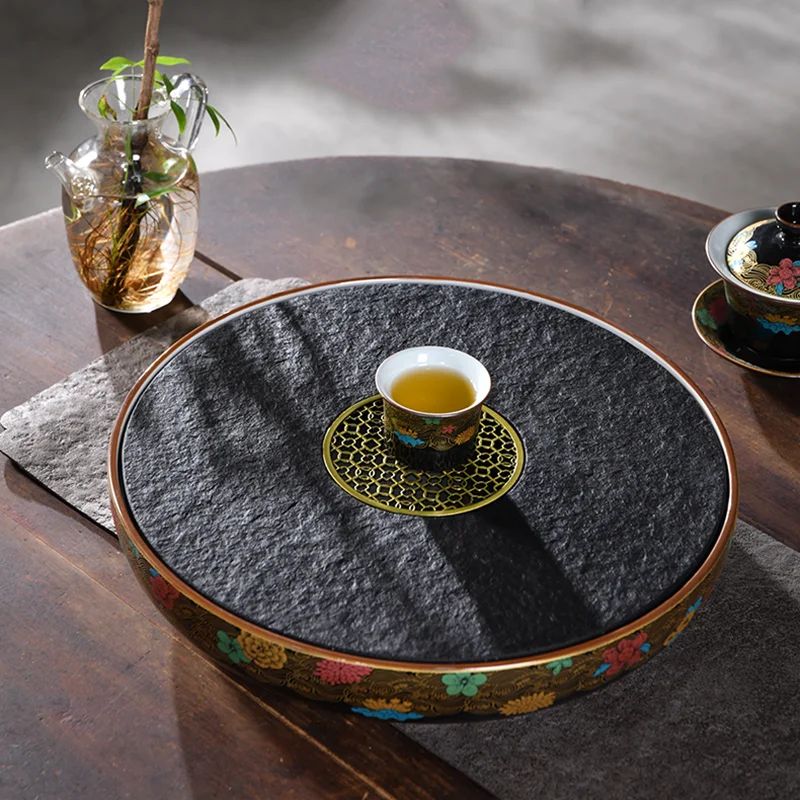 

Stone Luxury Tea Tray Black Round Ceremony Small Tea Tray Vintage Chinese Tiered Display Valet Tepsi Office Accessories WSW35XP