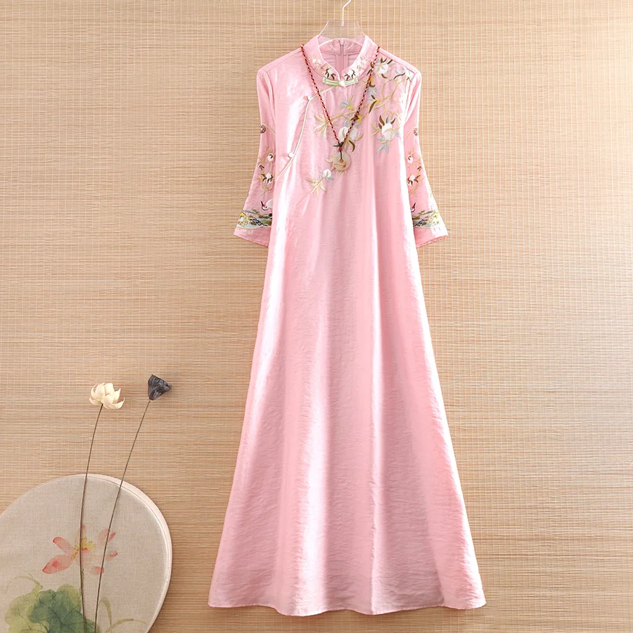 

Chinese Style Women Hanfu Dress Spring Summer Royal Embroidery Vintage Elegant Slim Lady Luxurious Cheongsam Dress S-XXL