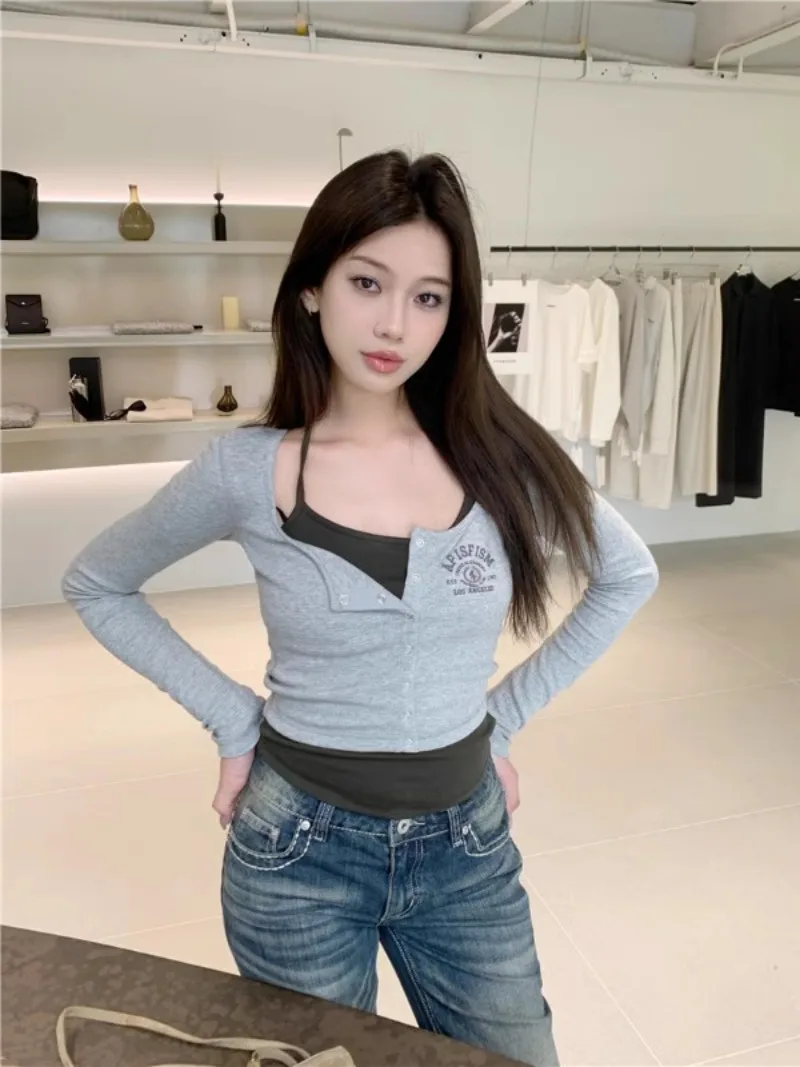 Американская Милая популярная Ретро футболка с имитацией двух частей для