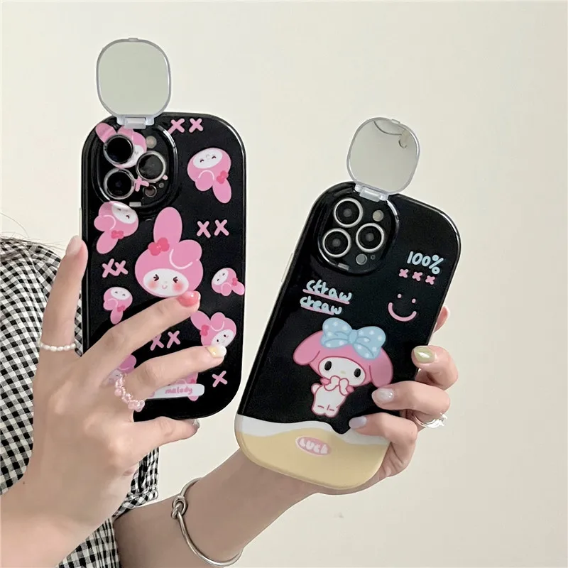 

Cartoon Melody Creative Flip Mini Make Up Mirror Phone Stand Case Cover for IPhone 11 12 13 Pro X XR XS Max Shockproof Cases
