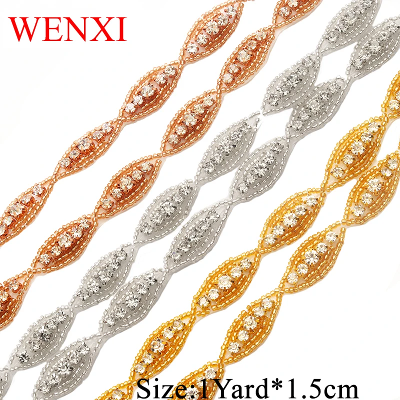 

WENXI 5YARD Crystal Rhinestone Applique Sewing On stick on Bridal beaded Trim For Wedding Dress Sash belt Haed band WX882