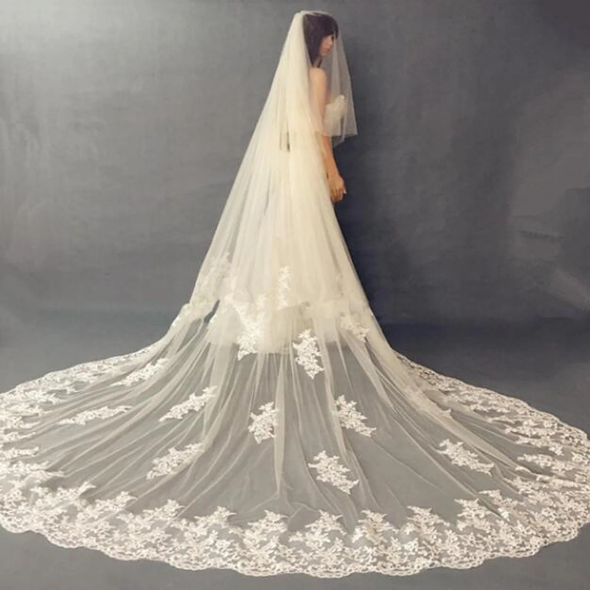 

Branco Marfim Dois Camada Catedral Grandes Véu por Noiva Casamento renda Beira Nupcial Blusher Casamento Gaiola Véus Acessórios