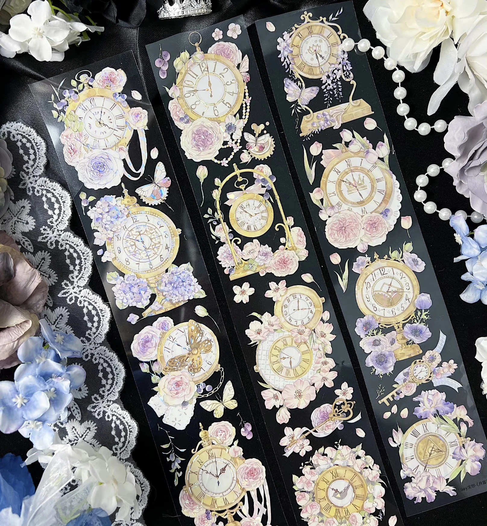 

Vintage Moon Dew Flower Clock Shell Shiny Washi PET Tape for Planner Card Making DIY Scrapbooking Plan Decorative Sticker