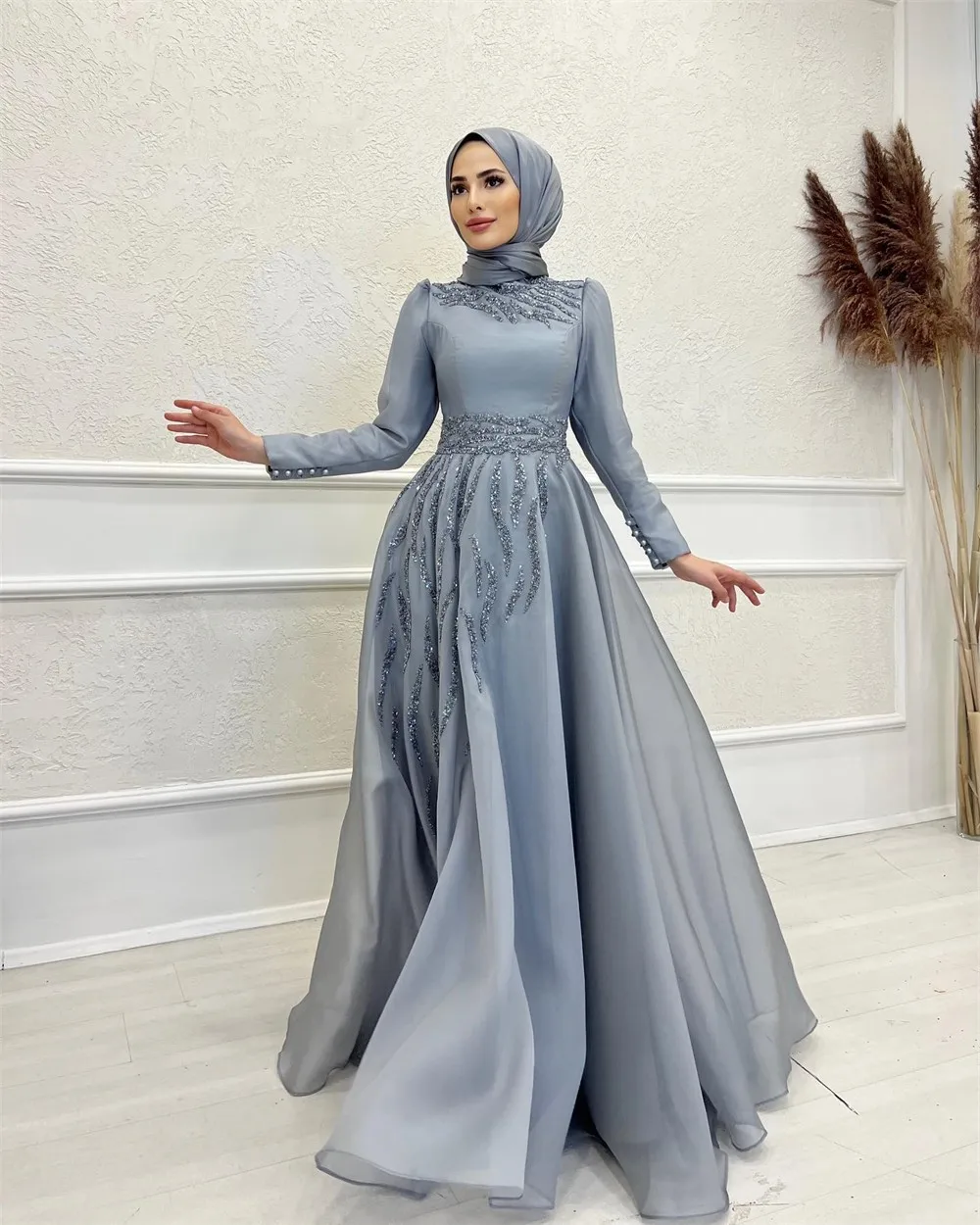 

Long Sleeves Muslim Evening Dresses For Women Party Gowns Formal Prom Dress A Line O Neck Beaded Dubai Arabic فساتين الحفلات