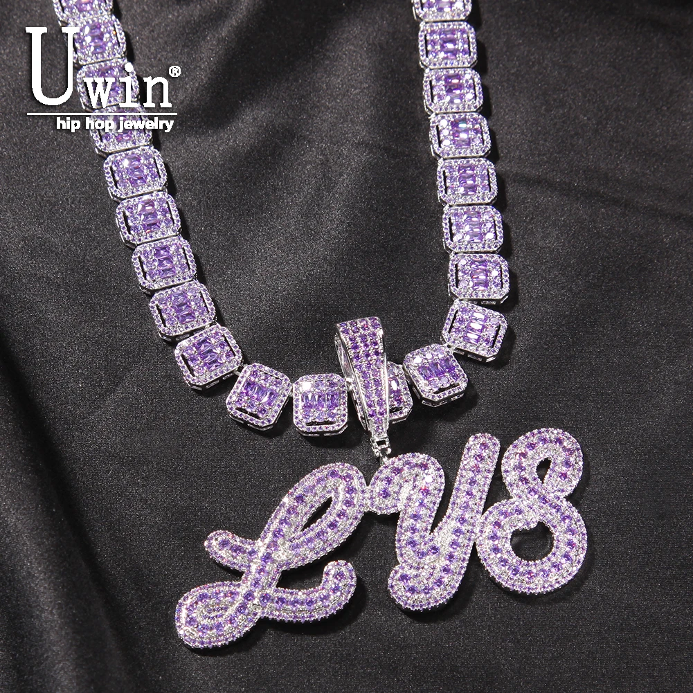

Кулон Uwin с именем на заказ, ожерелье с кулоном в виде фиолетовой кисточки с надписью, цепочка багет, индивидуальный хип-хоп с микрозакрепкой ...
