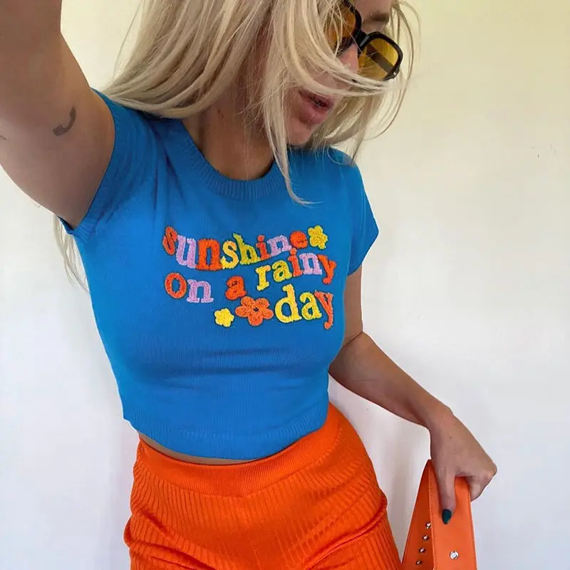 Летняя Корейская трикотажная короткая футболка с буквенным принтом женские