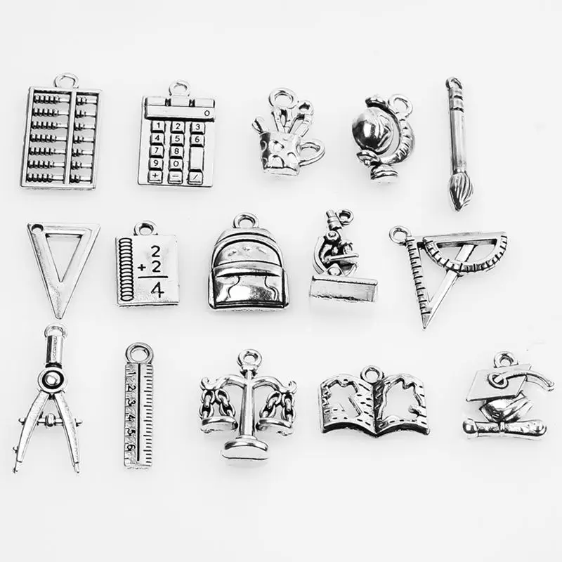 Купи 15pcs/lot Mix Antique Silver School Supplies Abacus ruler Libra Alloy Pendant DIY Charm for Making Bracelets Keychain Materials за 151 рублей в магазине AliExpress